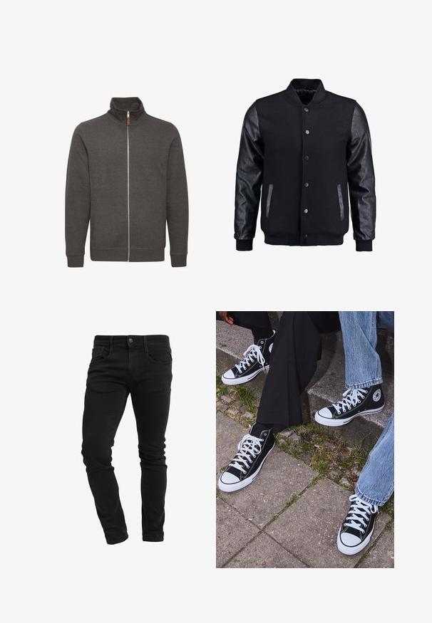 Črna bomberska jakna z volnenim telesom in usnjenimi rokavi. Ima stoječ ovratnik, sprednje snemljive gumbe in stranske žepke. Enobarvna, brez vzorcev.; Siva zip-up jakna z visokim ovratnikom, izdelana iz mehkega materiala, z dvema stranskima žepoma ter rebrastima manšetama in robom.; Olivno zelena bombažna majica s kratkimi rokavi, na prsih pa se nahaja velik črn Levi's logotip v kontrastni polkrožni obliki. Redna prileganost.; Slim-fit črne kavbojke s sprednjimi žepi, zanke za pas, gumbastim zapiranjem in rahlim gubanjem ob nogah.; Črne visoke platnene teniske z belimi gumijastimi podplati in vezalkami, z ovalnim logotipom na strani, v kombinaciji z džinsom in črnimi hlačami.