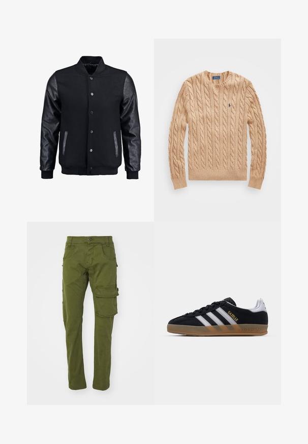 Melns bomber jakas ar vilnas korpusu un ādas piedurknēm. Iespējas ar stāvošu apkakli, priekšējiem pogām un sānu kabatām. Vienkrāsains, bez rakstiem.; Bēša adīta džemperis ar apaļu kakla izgriezumu, ribotām piedurknēm un apakšmalu, ar nelielu zilu logotipu uz krūts. Mīksta tekstūra.; Oliņzaļa kargo bikses, kas izgatavotas no kokvilnas, ar divām sānu kabatām un lielu kargo kabatu labajā kājā, ar taisnu kāju dizainu.; Melnas zamša sporta apavi ar baltām svītrām, brūnu gumijas zoli un zelta "Gazelle" logotipu. Klasisks zemu profilu dizains, kas ietver teksturētu augšdaļu.