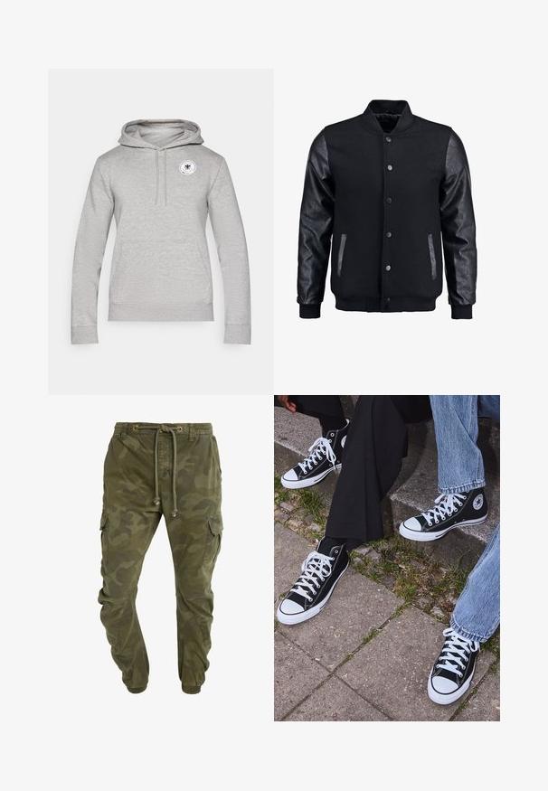 Blouson noir avec corps en laine et manches en cuir. Présente un col montant, des boutons-pression à l'avant et des poches latérales. Couleur unie sans motifs.; Sweat à capuche gris avec une poche kangourou à l'avant, une capuche ajustable avec cordon de serrage et un logo circulaire sur le haut de la poitrine. Tissu en mélange de coton.; T-shirt en coton vert olive avec un grand logo Levi's noir en forme semi-arquée contrastante sur la poitrine. Coupe régulière.; Pantalons cargo verts avec motif camouflage, taille avec cordon de serrage, poignets élastiques et poches latérales. Fabriqués en tissu durable.; Baskets montantes en toile noires avec semelles et lacets en caoutchouc blancs, arborant un logo circulaire sur le côté et associées à un jean et un pantalon noir.