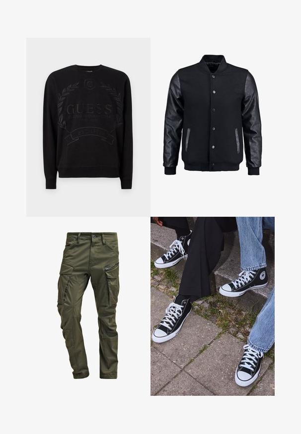 Giubbotto bomber nero con corpo in lana e maniche in pelle. Presenta un colletto alto, bottoni a pressione frontali e tasche laterali. Monocromatico, senza motivi.; Guess ROY - Felpa - jet black; Pantaloni cargo verde oliva realizzati in cotone robusto. Presentano numerose tasche, una tasca laterale con zip e gambe affusolate con una finitura leggermente strutturata.; Sneakers alti neri in tela con suole e lacci bianchi, dotati di un logo circolare di lato e abbinati a pantaloni in denim e neri.