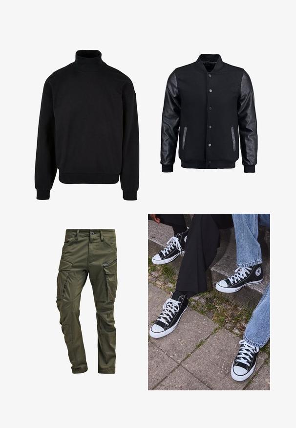 Černá bomber bunda s tělem z vlny a koženými rukávy. Má stojací límec, přední zacvakávací knoflíky a boční kapsy. Jednoduchá barva bez vzorů.; Černá roláková mikina s volným střihem, dlouhými rukávy a žebrovanými manžetami. Vyrobena z měkké, strukturované tkaniny.; Olivově zelené cargo kalhoty vyrobené z pevné bavlny. Obsahují několik kapsiček, boční kapsu na zip a zúžené nohavice s mírně texturovaným povrchem.; Černé kanvasové tenisky s vysokým střihem, bílé gumové podrážky a tkaničky, s kulatým logem na boku a spárované s džíny a černými kalhotami.