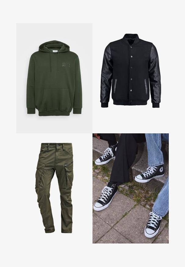 Mustmust on musta jope, millel on villane keha ja nahkvarrukad. Omab seisvat kraed, esisiidme nööpe ja küljetaskuid. Ühtlane värv, ilma mustriteta.; Kaskrohelise kapuutsiga toss, millel on eesmine tasku, nööriga kapuuts ja reljeefne logo rinnal. Valmistatud pehmest, tekstuursest kangast.; Olive rohelised cargo püksid, mis on valmistatud vastupidavast puuvillast. Omavad mitmeid taskuid, ühe lukuga küljetasku ja kergelt tekstureeritud kitsenevaid jalgu.; Mustad musta värvi kõrged kanvasist tossud valgete kummitaldade ja nööridega, külgedel ringikujuline logo ning kombineeritud denimist ja mustade pükstega.