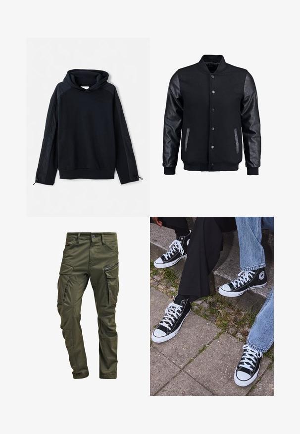 Čierna bomber bunda s vlneným telom a koženými rukávmi. Má stojačikový golier, predné patentky a bočné vrecká. Jednofarebná bez vzorov.; Pier One Mikina - black; Olivové cargo nohavice vyrobené z pevnej bavlny. Obsahujú viacero vreciek, zipsovou bočnou vrecko a zúžené nohavice so slabou textúrou.; Čierne vysoké plátenné tenisky s bielymi gumovými podrážkami a šnúrkami, s okrúhlym logom na boku, skombinované s džínsami a čiernymi nohavicami.