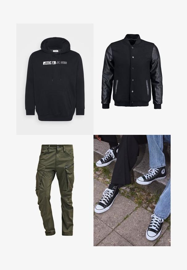 Zwarte bomberjack met een wollen lichaam en leren mouwen. Voorzien van een staande kraag, drukknopen aan de voorkant en zijkanten. Effen kleur zonder patronen.; Zwarte hoodie van een katoenmix, met een grote voorzak, een capuchon met trekkoord en witte merktekst op de borst.; Olijfgroene cargobroek gemaakt van stevig katoen. Beschikt over meerdere zakken, een met rits afgesloten zijzak en taps toelopende pijpen met een licht getextureerde afwerking.; Zwarte canvas sneakers met hoge schacht, witte rubberen zolen en veters, met een cirkelvormig logo aan de zijkant, gecombineerd met denim en zwarte broeken.