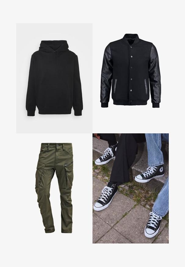 Czarna kurtka bombowca z wełnianym korpusem i skórzanymi rękawami. Posiada stójkę, zapięcie na napy z przodu i boczne kieszenie. Jednolity kolor, bez wzorów.; Czarna bluza z kapturem wykonana z miękkiego materiału, z kieszenią typu kangur i regulowanym kapturem oraz ściągaczami na mankietach. Prosty design bez wzorów.; Oliwkowe spodnie cargos wykonane z wytrzymałej bawełny. Posiadają liczne kieszenie, kieszeń boczną na zamek oraz zwężane nogawki z lekko teksturowanym wykończeniem.; Czarne wysokie trampki z kanwy z białymi gumowymi podeszwami i sznurówkami, z okrągłym logo z boku, w zestawie z dżinsami i czarnymi spodniami.