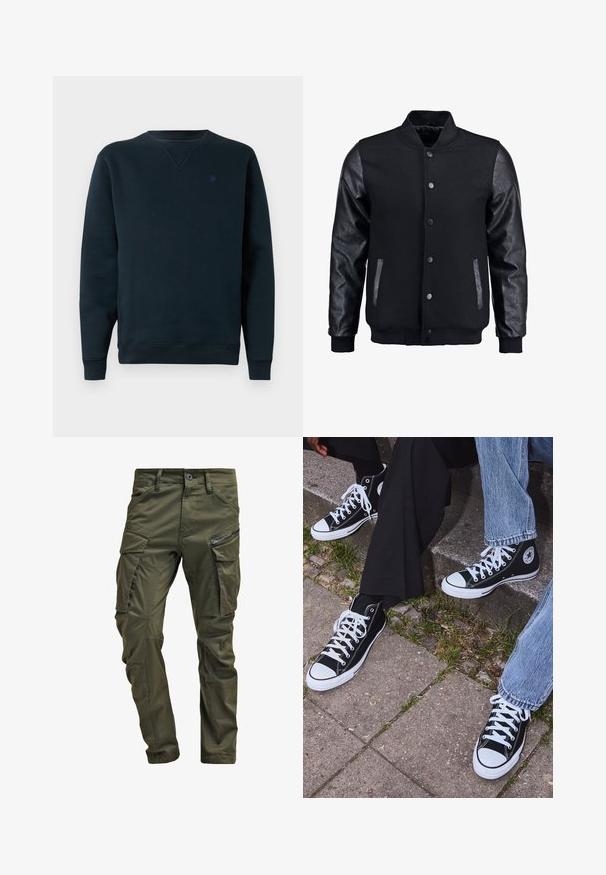 Giubbotto bomber nero con corpo in lana e maniche in pelle. Presenta un colletto alto, bottoni a pressione frontali e tasche laterali. Monocromatico, senza motivi.; Felpa a girocollo navy realizzata in tessuto morbido, con polsini e orlo a coste, dotata di un piccolo logo sul petto. Design semplice e minimalista.; Pantaloni cargo verde oliva realizzati in cotone robusto. Presentano numerose tasche, una tasca laterale con zip e gambe affusolate con una finitura leggermente strutturata.; Sneakers alti neri in tela con suole e lacci bianchi, dotati di un logo circolare di lato e abbinati a pantaloni in denim e neri.