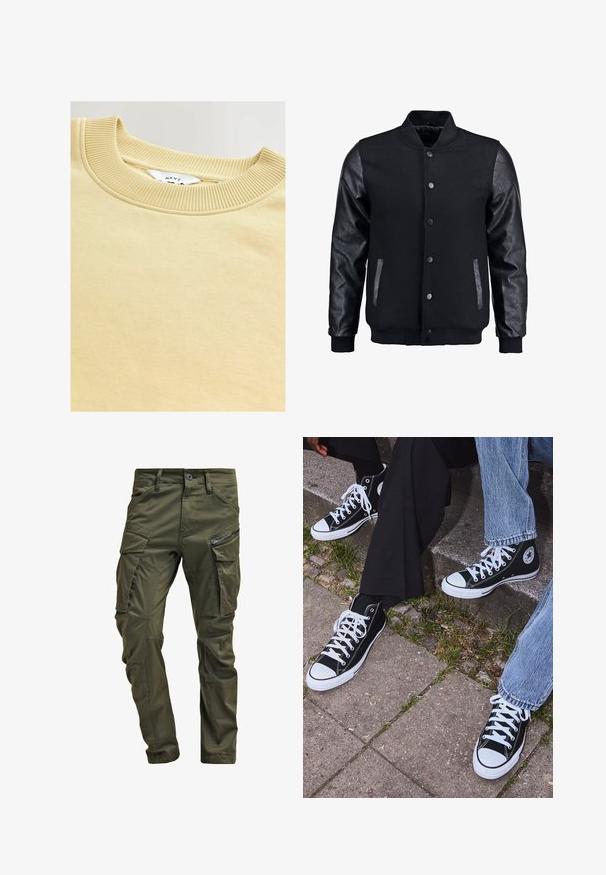 Mustmust on musta jope, millel on villane keha ja nahkvarrukad. Omab seisvat kraed, esisiidme nööpe ja küljetaskuid. Ühtlane värv, ilma mustriteta.; Kreemivärvi kampsun, millel on soonikuga ümardatud kaelus. Pehme tekstuur ja sile kangas, mille sees on "NEXT" sildiga täiustatud etikett.; Olive rohelised cargo püksid, mis on valmistatud vastupidavast puuvillast. Omavad mitmeid taskuid, ühe lukuga küljetasku ja kergelt tekstureeritud kitsenevaid jalgu.; Mustad musta värvi kõrged kanvasist tossud valgete kummitaldade ja nööridega, külgedel ringikujuline logo ning kombineeritud denimist ja mustade pükstega.