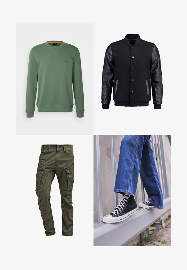 Crna bomber jakna s vunenim tijelom i kožnim rukavima. Ima stojeći ovratnik, prednje dugmadi na snap i bočne džepove. Jednobojna bez uzoraka.; BOSS WESTART - Sportska majica - open green; Maslinaste zelene cargo hlače napravljene od čvrste pamučne tkanine. Imaju višestruke džepove, bočni džep sa zatvaračem i sužene nogavice sa blago teksturiranim završetkom.; Crne visoke tenisice s bijelim potplatom i vezicama, u kombinaciji s širokim plavim trapericama, naslonjene na sivi ogradu.