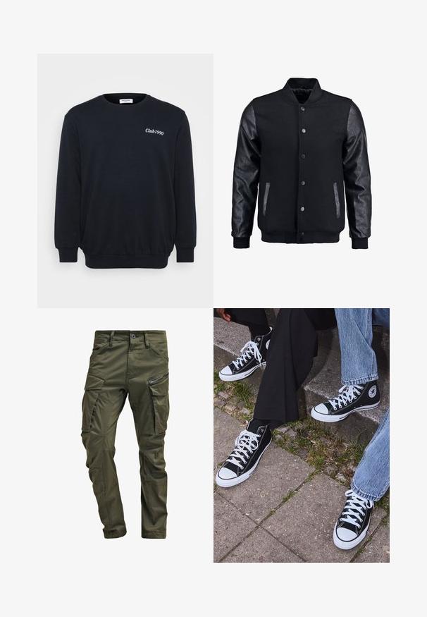 Schwarze Bomberjacke mit Wollkörper und Lederärmeln. Verfügt über einen Stehkragen, vordere Druckknöpfe und Seitentaschen. Einfarbig ohne Muster.; Schwarzer Sweatshirt mit langen Ärmeln, gerippten Bündchen und Saum. Verfügt über weißen Text "Club1990" auf der Brust. Hergestellt aus weichem, strukturiertem Stoff.; Olivgrüne Cargo-Hosen aus strapazierfähiger Baumwolle. Sie verfügen über mehrere Taschen, eine mit Reißverschluss versehene Seitentasche und ein tapered Bein mit einer leicht strukturierten Oberflächenbeschaffenheit.; Schwarzecanvas-Sneaker mit hohem Schaft, weißen Gummisohlen und Schnürsenkeln, die ein rundes Logo an der Seite besitzen und mit Denim- sowie schwarzen Hosen kombiniert sind.