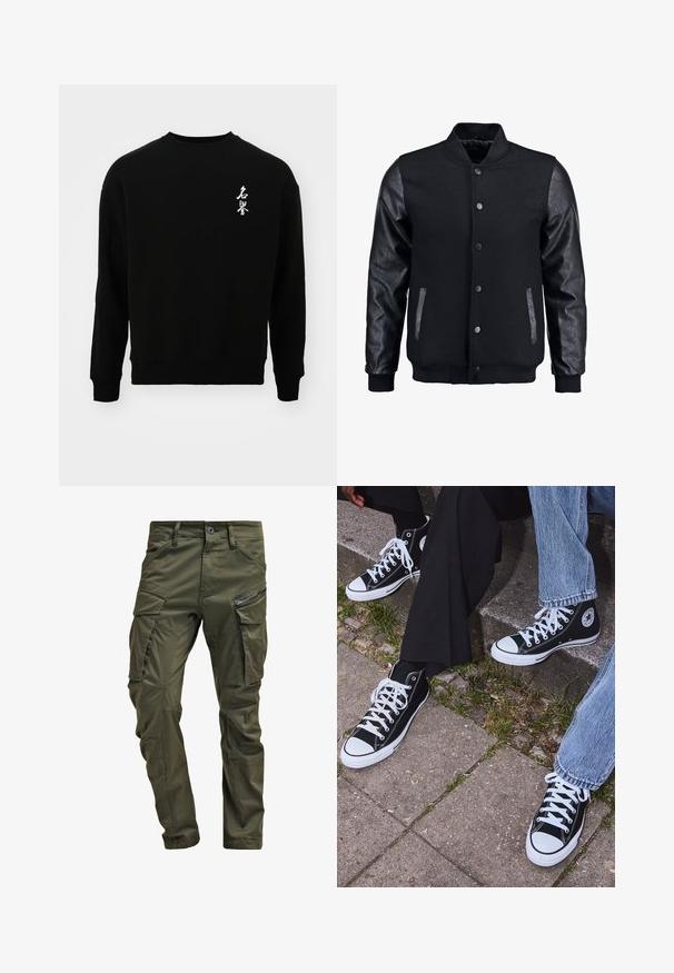 Czarna kurtka bombowca z wełnianym korpusem i skórzanymi rękawami. Posiada stójkę, zapięcie na napy z przodu i boczne kieszenie. Jednolity kolor, bez wzorów.; Jack & Jones JORHONOR UNISEX czarny; Oliwkowe spodnie cargos wykonane z wytrzymałej bawełny. Posiadają liczne kieszenie, kieszeń boczną na zamek oraz zwężane nogawki z lekko teksturowanym wykończeniem.; Czarne wysokie trampki z kanwy z białymi gumowymi podeszwami i sznurówkami, z okrągłym logo z boku, w zestawie z dżinsami i czarnymi spodniami.