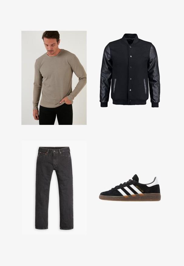 Schwarze Bomberjacke mit Wollkörper und Lederärmeln. Verfügt über einen Stehkragen, vordere Druckknöpfe und Seitentaschen. Einfarbig ohne Muster.; Beige langärmliges Thermoshirt mit strukturiertem Rippmuster, Rundhalsausschnitt und eng anliegenden Ärmeln, kombiniert mit schwarzen Hosen.; Schwarze gerade geschnittene Jeans aus Denim mit fünf Taschen, Knopfverschluss und Kupfernieten auf einem weißen Hintergrund flach ausgelegt.; Schwarzer Adidas Sneaker mit weißen Streifen, goldenem "Spezial"-Text, Gummisohle und weißem Fersenbereich, seitliche Ansicht.