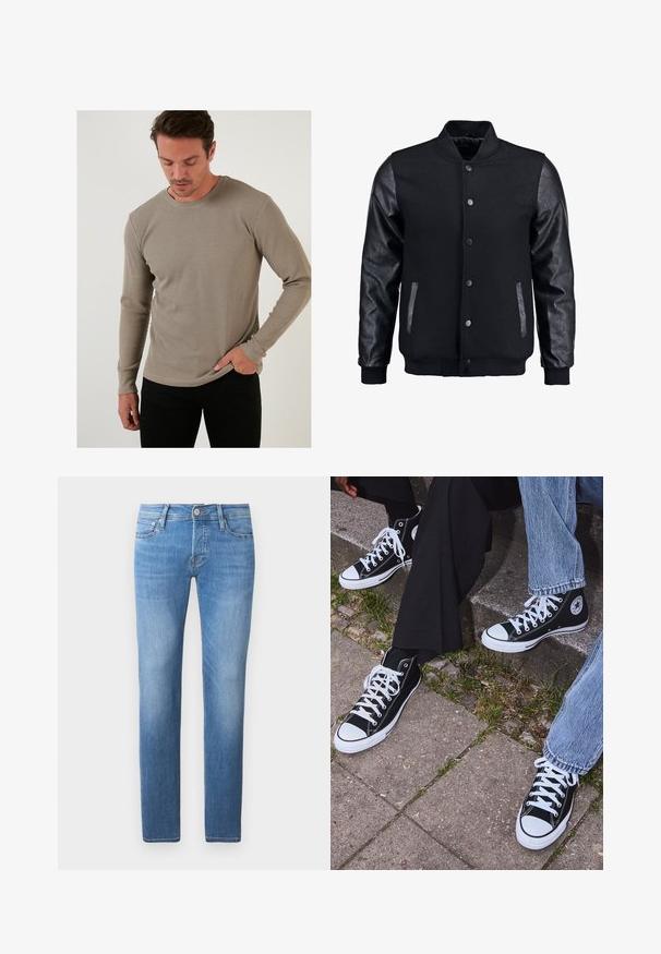 Črna bomberska jakna z volnenim telesom in usnjenimi rokavi. Ima stoječ ovratnik, sprednje snemljive gumbe in stranske žepke. Enobarvna, brez vzorcev.; Bež majica s dolgimi rokavi iz termalne tkanine z teksturiranim rebrastim vzorcem, okroglo izrezom in prilegajočimi rokavi, v kombinaciji s črnimi hlačami.; Svetlo modri jeans s ravnim krojem, ki vključujejo gumb in zadrgo, pet žepov ter rahlo zbledela mesta.; Črne visoke platnene teniske z belimi gumijastimi podplati in vezalkami, z ovalnim logotipom na strani, v kombinaciji z džinsom in črnimi hlačami.