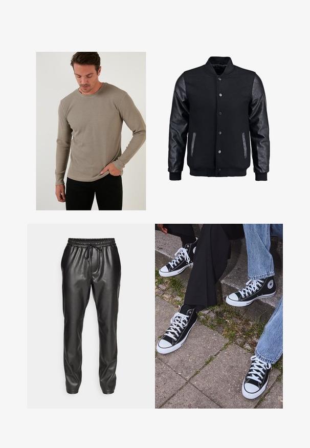 Schwarze Bomberjacke mit Wollkörper und Lederärmeln. Verfügt über einen Stehkragen, vordere Druckknöpfe und Seitentaschen. Einfarbig ohne Muster.; Beige langärmliges Thermoshirt mit strukturiertem Rippmuster, Rundhalsausschnitt und eng anliegenden Ärmeln, kombiniert mit schwarzen Hosen.; Schwarze Leder-Jogginghosen mit elastischem Bund und verstellbarem Kordelzug. Glatte Textur, schmaler Schnitt und umgeschlagene Knöchel.; Schwarzecanvas-Sneaker mit hohem Schaft, weißen Gummisohlen und Schnürsenkeln, die ein rundes Logo an der Seite besitzen und mit Denim- sowie schwarzen Hosen kombiniert sind.