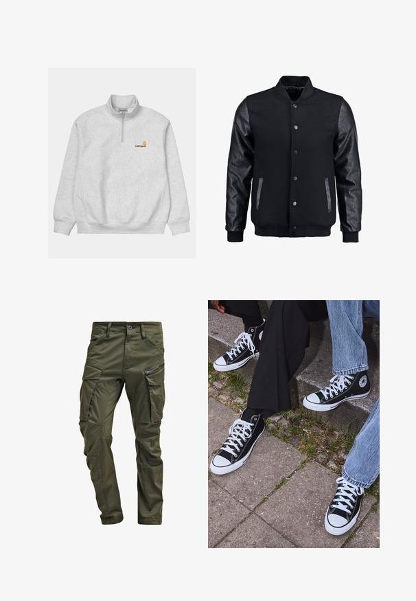 Sort bomberjakke med uldkrop og læderærmer. Har en stående krave, frontknapper og sidelommer. Ensfarvet uden mønstre.; Lys grå sweatshirt med en kvart lynlås krave. Har ribbede mansjetter og linning, samt et lille orange og gult logo på brystet.; Olivenfarvede cargo-bukser lavet af slidstærk bomuld. Har flere lommer, en lynlåslomme på siden og tapered ben med en let tekstureret overflade.; Sorte høje canvas sneakers med hvide gummisåler og snørebånd, prydet med et cirkulært logo på siden og parret med denim og sorte bukser.