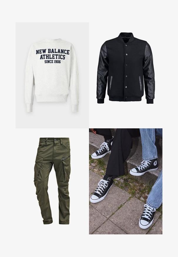 Chaqueta bomber negra con cuerpo de lana y mangas de cuero. Cuenta con un cuello alzado, botones de presión en el frente y bolsillos laterales. Color sólido sin patrones.; Sudadera gris de material suave con cuello redondo, puños de canalé y una impresión audaz en azul marino que dice "NEW BALANCE ATHLETICS SINCE 1906" en la parte posterior.; Pantalones cargo verde oliva hechos de algodón resistente. Cuenta con múltiples bolsillos, un bolsillo lateral con cremallera y piernas ajustadas con un acabado ligeramente texturizado.; Zapatillas de lona negras de caña alta con suelas y cordones de goma blanca, con un logo circular en el lado, combinadas con unos pantalones de mezclilla y negros.