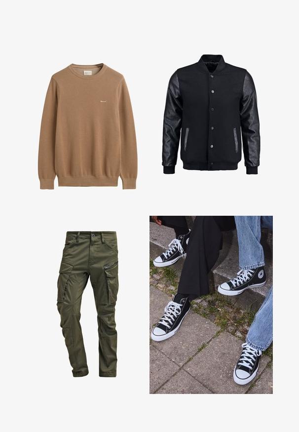 Sort bomberjakke med uldkrop og læderærmer. Har en stående krave, frontknapper og sidelommer. Ensfarvet uden mønstre.; Brun strikket sweater med et struktureret mønster, rund halsudskæring og lange ærmer. Har et lille broderet logo på brystet.; Olivenfarvede cargo-bukser lavet af slidstærk bomuld. Har flere lommer, en lynlåslomme på siden og tapered ben med en let tekstureret overflade.; Sorte høje canvas sneakers med hvide gummisåler og snørebånd, prydet med et cirkulært logo på siden og parret med denim og sorte bukser.