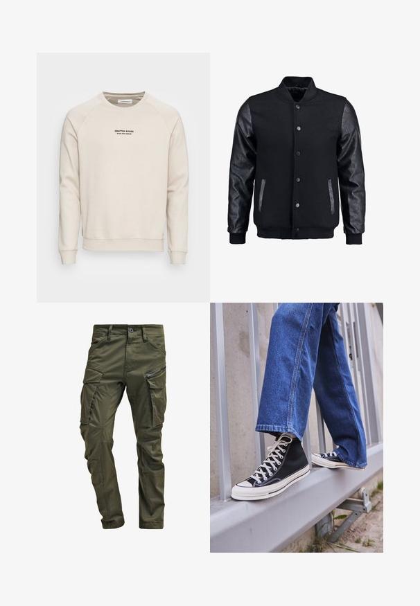 Crna bomber jakna s vunenim tijelom i kožnim rukavima. Ima stojeći ovratnik, prednje dugmadi na snap i bočne džepove. Jednobojna bez uzoraka.; Krem majica s raglan rukavima, rebrastim manžetama i rubom. Ima crni tekstualni logo na prednjoj strani. Mekani, teksturirani materijal.; Maslinaste zelene cargo hlače napravljene od čvrste pamučne tkanine. Imaju višestruke džepove, bočni džep sa zatvaračem i sužene nogavice sa blago teksturiranim završetkom.; Crne visoke tenisice s bijelim potplatom i vezicama, u kombinaciji s širokim plavim trapericama, naslonjene na sivi ogradu.
