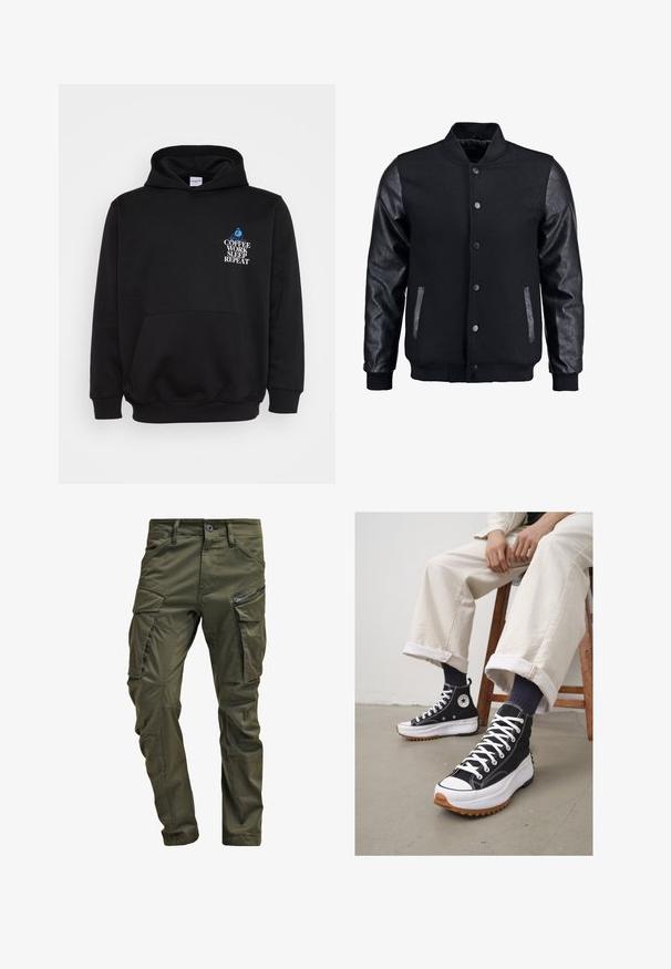 Schwarze Bomberjacke mit Wollkörper und Lederärmeln. Verfügt über einen Stehkragen, vordere Druckknöpfe und Seitentaschen. Einfarbig ohne Muster.; Schwarzer Kapuzenpullover mit einer Fronttasche. Mit weißem und blauem Text: "KAFFEE ARBEITEN SCHLAFEN WIEDERHOLEN" über einer Grafik einer sitzenden Person.; Olivgrüne Cargo-Hosen aus strapazierfähiger Baumwolle. Sie verfügen über mehrere Taschen, eine mit Reißverschluss versehene Seitentasche und ein tapered Bein mit einer leicht strukturierten Oberflächenbeschaffenheit.; Schwarze High-Top-Sneaker mit weißen Schnürsenkeln und Gummikappe. Dicke weiße Sohle mit braunem, strukturiertem Außensohlenprofil, kombiniert mit navyblauen gestreiften Socken.