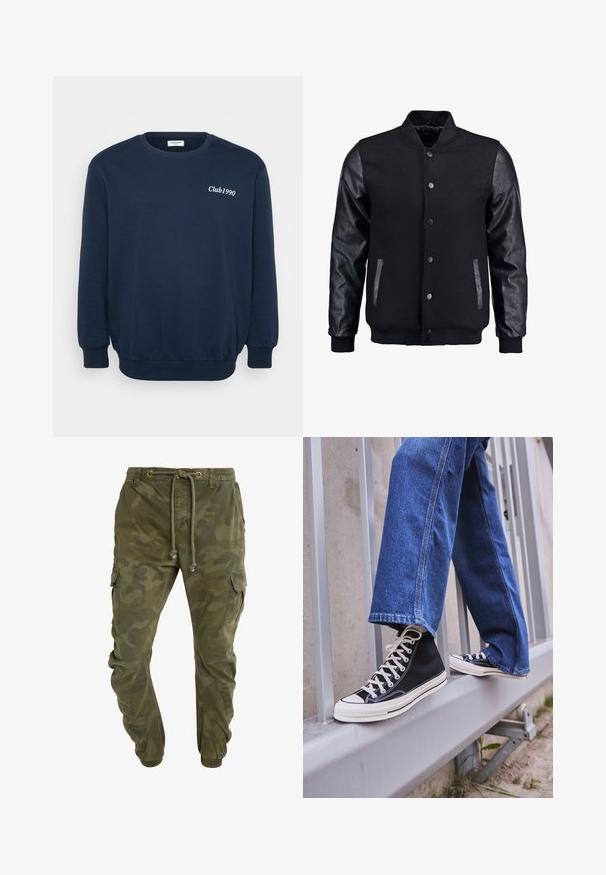 Sort bomberjakke med uldkrop og læderærmer. Har en stående krave, frontknapper og sidelommer. Ensfarvet uden mønstre.; Mørkeblå sweatshirt med lange ærmer, rund hals og ribbede manchetter. Har "Club1990" logo i hvid broderi på brystet.; Olivengrøn bomuld T-shirt med stort sort Levi's-logo i en kontrasterende, halvcirkelformet bue hen over brystet. Almindelig pasform.; Camo-mønstrede grønne cargo-bukser med snøre i taljen, elastiske cuffs og sidelommer. Fremstillet af holdbart stof.; Sorte høj-top sneakers med hvid sål og snørebånd, parret med løse blå denimjeans, hvilende på et gråt gelænder.