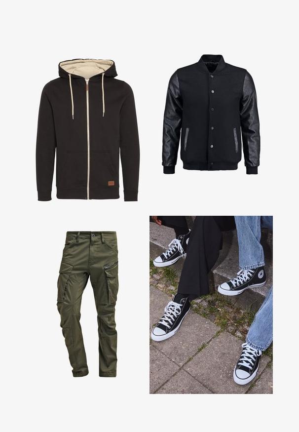 Musta pommittaja takki, jossa villakangasrunko ja nahkahihat. Varustettu pystykovalla, etupainonapeilla ja sivutaskuilla. Yksivärinen, ilman kuvioita.; Mustat vetoketjuhupparit, joissa on vaaleanbeige sisus. Varustettu kiristettävällä hupulla, etutaskuilla ja ruskealla nahkalogolla. Silkkinen pinta.; Vihreät kangashousut, jotka on valmistettu kestävästä puuvillasta. Ominaisuuksiin kuuluvat useat taskut, vetoketjulla varustettu sivutasku sekä kapenevat lahkeet, joissa on hieman teksturoitu pinta.; Mustat korkeat kangaslenkkarit, joissa on valkoiset kumipohjat ja nauhat, sivussa on pyöreä logo, ja ne on yhdistetty farkkuihin ja mustiin housuihin.