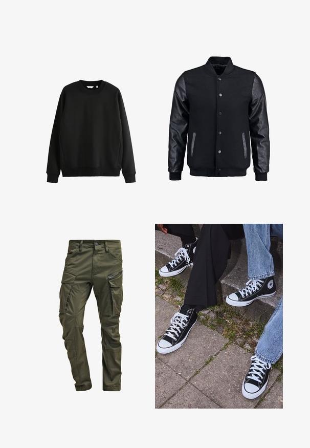 Černá bomber bunda s tělem z vlny a koženými rukávy. Má stojací límec, přední zacvakávací knoflíky a boční kapsy. Jednoduchá barva bez vzorů.; Černá mikina vyrobená z hladkého materiálu s kulatým výstřihem a žebrovanými manžetami. Disponuje rovnými lemy a minimalistickým designem.; Olivově zelené cargo kalhoty vyrobené z pevné bavlny. Obsahují několik kapsiček, boční kapsu na zip a zúžené nohavice s mírně texturovaným povrchem.; Černé kanvasové tenisky s vysokým střihem, bílé gumové podrážky a tkaničky, s kulatým logem na boku a spárované s džíny a černými kalhotami.