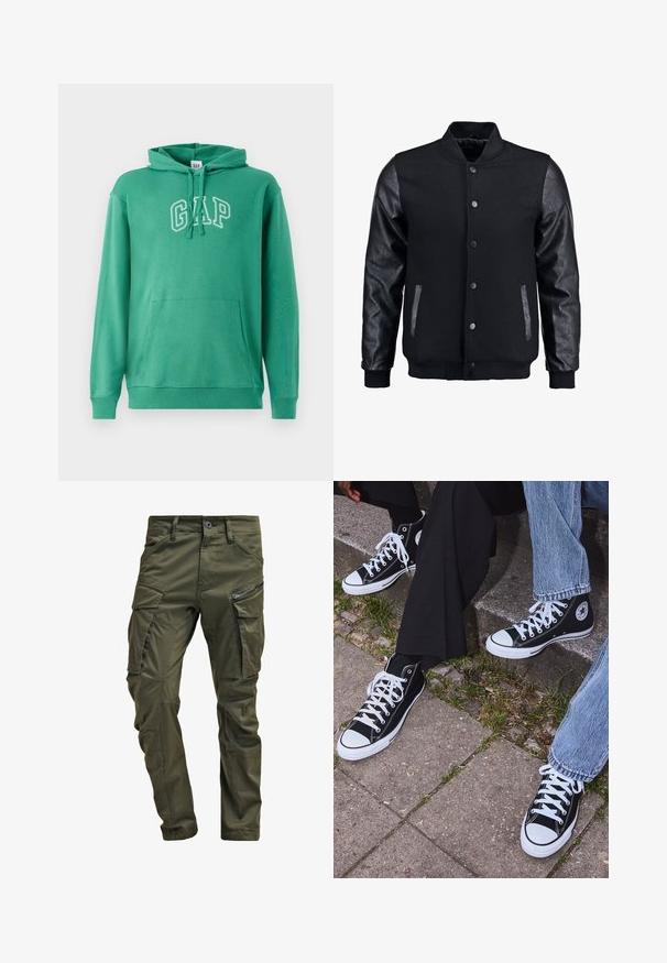 Giubbotto bomber nero con corpo in lana e maniche in pelle. Presenta un colletto alto, bottoni a pressione frontali e tasche laterali. Monocromatico, senza motivi.; Felpa verde con cappuccio, dotata di tasca frontale, cordino e logo "GAP" ricamato in bianco. Materiale morbido con polsini a costine.; Pantaloni cargo verde oliva realizzati in cotone robusto. Presentano numerose tasche, una tasca laterale con zip e gambe affusolate con una finitura leggermente strutturata.; Sneakers alti neri in tela con suole e lacci bianchi, dotati di un logo circolare di lato e abbinati a pantaloni in denim e neri.