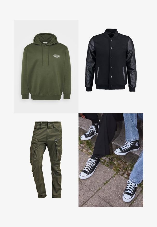 Mustmust on musta jope, millel on villane keha ja nahkvarrukad. Omab seisvat kraed, esisiidme nööpe ja küljetaskuid. Ühtlane värv, ilma mustriteta.; Oliivroheline kapuutsiga pusa, mis on valmistatud puuvillasegusest kangast, esitades ees kangaroo tasku, paeltega kapuutsi ja valge logo tikandi rinnal.; Olive rohelised cargo püksid, mis on valmistatud vastupidavast puuvillast. Omavad mitmeid taskuid, ühe lukuga küljetasku ja kergelt tekstureeritud kitsenevaid jalgu.; Mustad musta värvi kõrged kanvasist tossud valgete kummitaldade ja nööridega, külgedel ringikujuline logo ning kombineeritud denimist ja mustade pükstega.