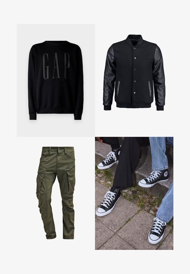 Zwarte bomberjack met een wollen lichaam en leren mouwen. Voorzien van een staande kraag, drukknopen aan de voorkant en zijkanten. Effen kleur zonder patronen.; GAP Sweater - black; Olijfgroene cargobroek gemaakt van stevig katoen. Beschikt over meerdere zakken, een met rits afgesloten zijzak en taps toelopende pijpen met een licht getextureerde afwerking.; Zwarte canvas sneakers met hoge schacht, witte rubberen zolen en veters, met een cirkelvormig logo aan de zijkant, gecombineerd met denim en zwarte broeken.
