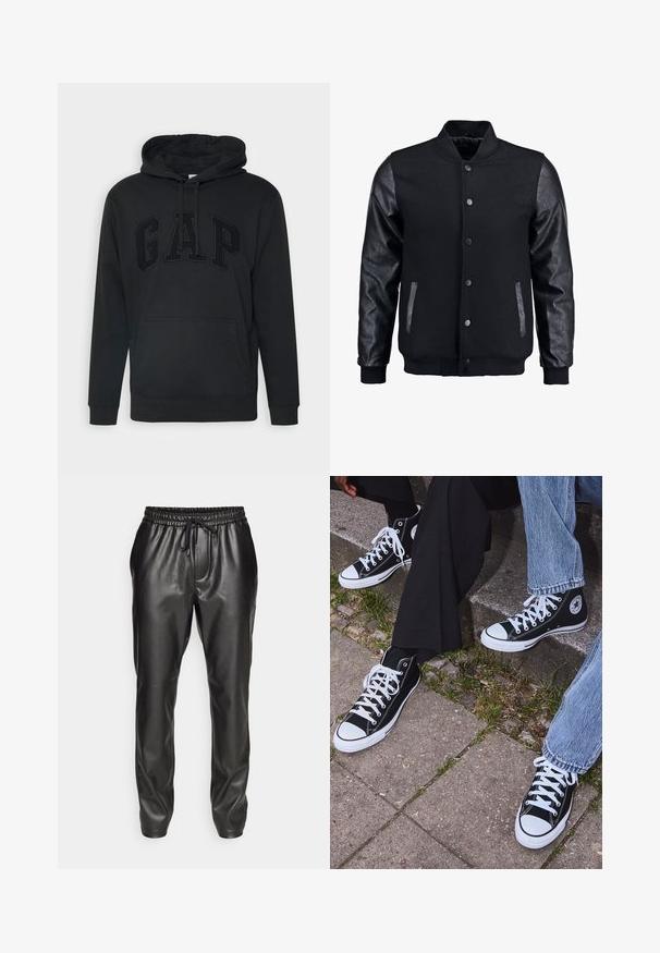 Čierna bomber bunda s vlneným telom a koženými rukávmi. Má stojačikový golier, predné patentky a bočné vrecká. Jednofarebná bez vzorov.; Čierna mikina s kapucňou a veľkým predným vreckom, so šnúrkou na stiahnutie a embosovaným logom "GAP" v zodpovedajúcej farbe. Vyrobená z mäkkej tkaniny s rebrovanými manžetami.; Olívovo zelené bavlnené tričko s veľkým čiernym logom Levi's v kontrastnom polkruhovom tvare cez hrudník. Regular fit.; Čierne jogger nohavice z kože s elastickým pásom a nastaviteľnou šnúrkou. Hladká textúra, zúžený strih a manžetové členky.; Čierne vysoké plátenné tenisky s bielymi gumovými podrážkami a šnúrkami, s okrúhlym logom na boku, skombinované s džínsami a čiernymi nohavicami.