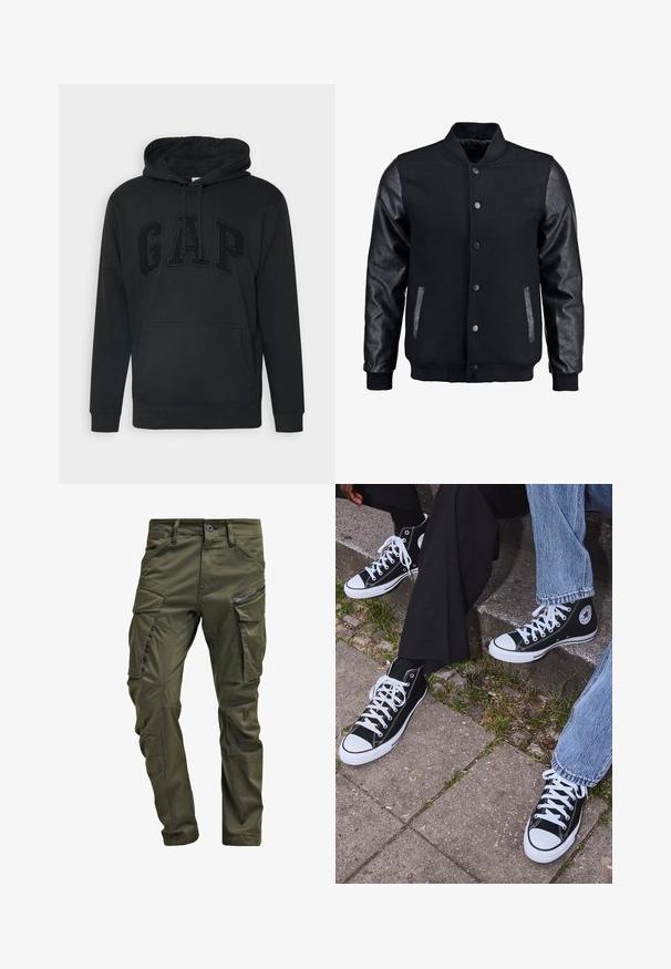 Giubbotto bomber nero con corpo in lana e maniche in pelle. Presenta un colletto alto, bottoni a pressione frontali e tasche laterali. Monocromatico, senza motivi.; Felpa nera con grande tasca frontale, cappuccio con cordino e logo "GAP" in rilievo dello stesso colore. Realizzata in tessuto morbido con polsini a coste.; Pantaloni cargo verde oliva realizzati in cotone robusto. Presentano numerose tasche, una tasca laterale con zip e gambe affusolate con una finitura leggermente strutturata.; Sneakers alti neri in tela con suole e lacci bianchi, dotati di un logo circolare di lato e abbinati a pantaloni in denim e neri.