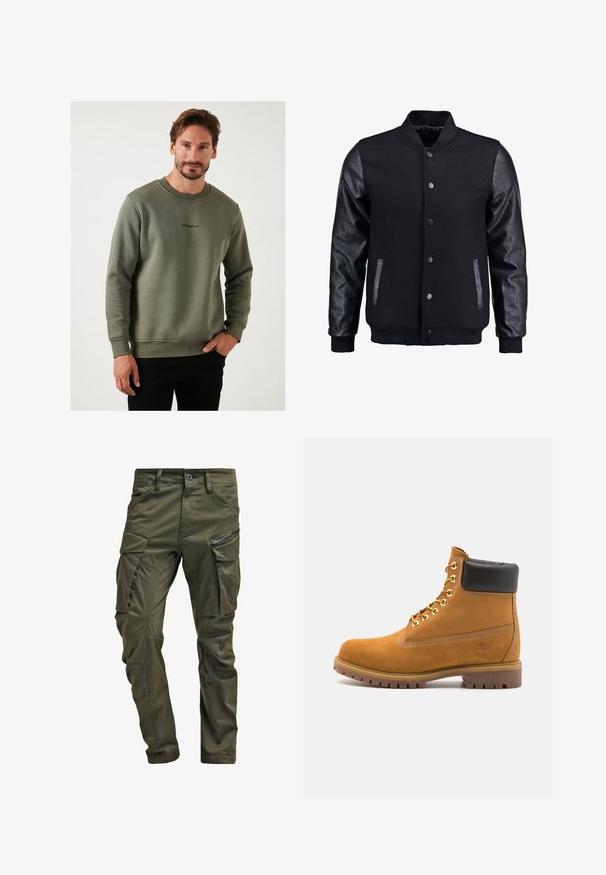 Čierna bomber bunda s vlneným telom a koženými rukávmi. Má stojačikový golier, predné patentky a bočné vrecká. Jednofarebná bez vzorov.; Olívovo zelená mikina vyrobená z mäkkého materiálu, s okrúhlym výstrihom a vyšitou logom na hrudi. Úzky strih, dlhé rukávy.; Olivové cargo nohavice vyrobené z pevnej bavlny. Obsahujú viacero vreciek, zipsovou bočnou vrecko a zúžené nohavice so slabou textúrou.; Tyrkysové semišové členkové topánky s čiernym polstrovaným golierom, zlatými kovovými očkami, bielym prešívaním a robustnou gumovou podrážkou s výraznými drážkami.