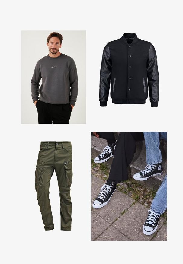 Melns bomber jakas ar vilnas korpusu un ādas piedurknēm. Iespējas ar stāvošu apkakli, priekšējiem pogām un sānu kabatām. Vienkrāsains, bez rakstiem.; Pelēks džemperis, izgatavots no mīksta materiāla, ar apaļu kakla izgriezumu un izšūtu logo uz krūtīm. Garas piedurknes un brīva piegriezuma dizains.; Olīvu zaļi kravas bikses, izgatavotas no izturīgas kokvilnas. Iespēj multiple kabatas, ar rāvējslēdzēju sānu kabatu un sašaurinātiem kāju galiem ar nedaudz teksturētu apdari.; Melni augstie kanvas sporta apavi ar baltām gumijas zolemi un šņorēm, ar apļa logotipu sānos, kombinēti ar džinsu un melnām biksēm.