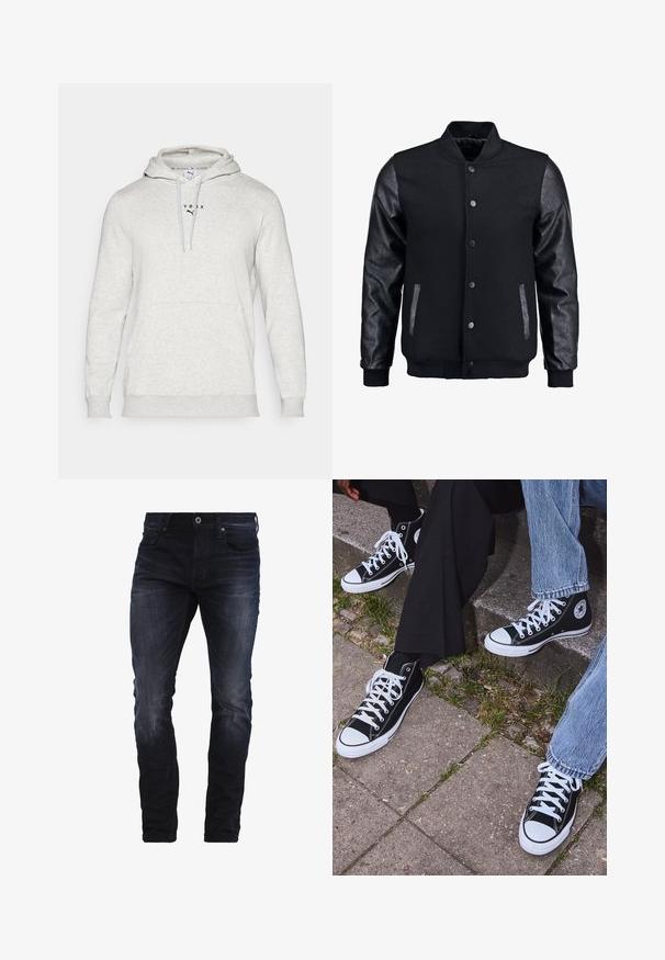 Črna bomberska jakna z volnenim telesom in usnjenimi rokavi. Ima stoječ ovratnik, sprednje snemljive gumbe in stranske žepke. Enobarvna, brez vzorcev.; Siva kapuca iz tkanine od pamuka i poliestera. Ima prednji džep, kapuljaču sa vezicama i ispisanu logotip detaljno na grudima.; Olivno zelena bombažna majica s kratkimi rokavi, na prsih pa se nahaja velik črn Levi's logotip v kontrastni polkrožni obliki. Redna prileganost.; Temno modri oprijeti kavbojke z rahlim zbledelostmi na stegnih in kolenih, ki imajo sprednje žepe, zanke za pas in gumbasto zapiranje.; Črne visoke platnene teniske z belimi gumijastimi podplati in vezalkami, z ovalnim logotipom na strani, v kombinaciji z džinsom in črnimi hlačami.