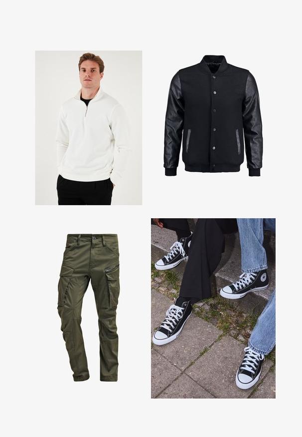 Giubbotto bomber nero con corpo in lana e maniche in pelle. Presenta un colletto alto, bottoni a pressione frontali e tasche laterali. Monocromatico, senza motivi.; Felpa bianca con zip e collo alto, in tessuto morbido, maniche lunghe e vestibilità rilassata, abbinata a pantaloni neri.; Pantaloni cargo verde oliva realizzati in cotone robusto. Presentano numerose tasche, una tasca laterale con zip e gambe affusolate con una finitura leggermente strutturata.; Sneakers alti neri in tela con suole e lacci bianchi, dotati di un logo circolare di lato e abbinati a pantaloni in denim e neri.