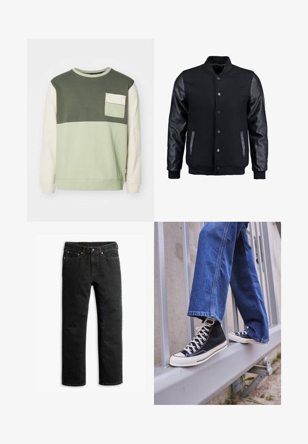 Černá bomber bunda s tělem z vlny a koženými rukávy. Má stojací límec, přední zacvakávací knoflíky a boční kapsy. Jednoduchá barva bez vzorů.; Svetr zelené a krémové barvy s dlouhými rukávy, kulatým výstřihem a kapsičkou na prsou. Vyroben z měkké bavlny.; Černé džíny rovného střihu s pěti kapsami, poutky na pás a knoflíkovým zapínáním v pase, položené na bílém pozadí.; Černé vysoké tenisky s bílou podrážkou a tkaničkami, v kombinaci s volnými modrými džíny, odpočívající na šedém zábradlí.