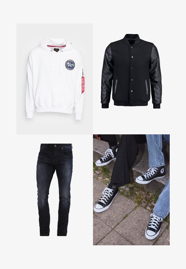 Giubbotto bomber nero con corpo in lana e maniche in pelle. Presenta un colletto alto, bottoni a pressione frontali e tasche laterali. Monocromatico, senza motivi.; Alpha Industries MISSION HOODY - Felpa con cappuccio - white; Jeans slim-fit blu scuro con leggera scoloritura su cosce e ginocchia, dotati di tasche frontali, passanti per la cintura e chiusura a bottone.; Sneakers alti neri in tela con suole e lacci bianchi, dotati di un logo circolare di lato e abbinati a pantaloni in denim e neri.