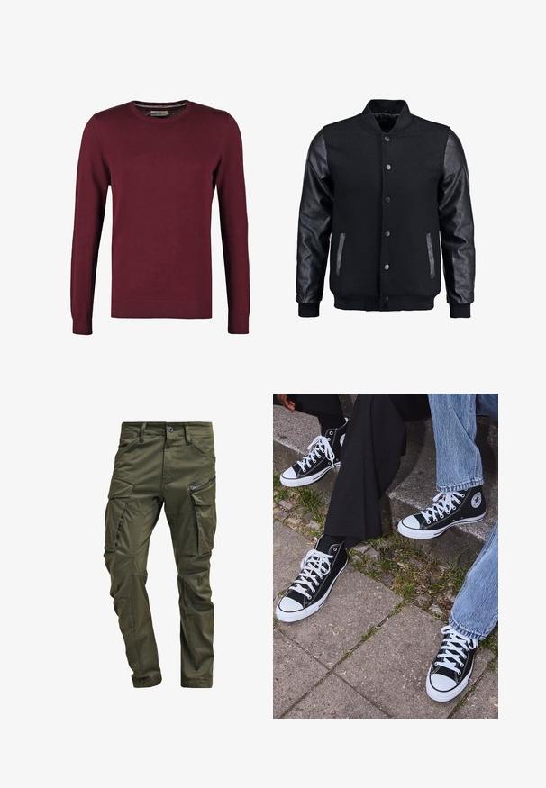 Musta pommittaja takki, jossa villakangasrunko ja nahkahihat. Varustettu pystykovalla, etupainonapeilla ja sivutaskuilla. Yksivärinen, ilman kuvioita.; Burgundin värinen pyöreä kaula-aukkoinen neule, joka on valmistettu sileästä kankaasta. Siinä on pitkät hihat sekä resorit hihansuissa ja helmaosassa, mikä lisää tekstuuria.; Vihreät kangashousut, jotka on valmistettu kestävästä puuvillasta. Ominaisuuksiin kuuluvat useat taskut, vetoketjulla varustettu sivutasku sekä kapenevat lahkeet, joissa on hieman teksturoitu pinta.; Mustat korkeat kangaslenkkarit, joissa on valkoiset kumipohjat ja nauhat, sivussa on pyöreä logo, ja ne on yhdistetty farkkuihin ja mustiin housuihin.