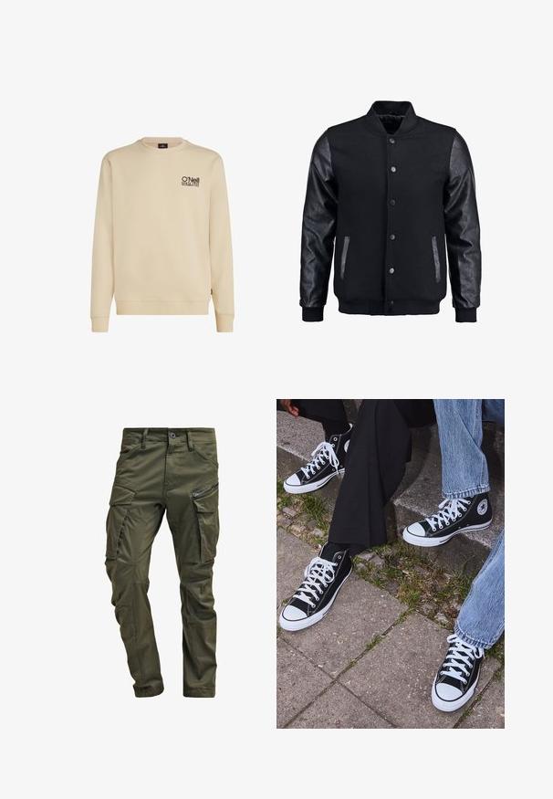 Sort bomberjakke med uldkrop og læderærmer. Har en stående krave, frontknapper og sidelommer. Ensfarvet uden mønstre.; Beige crewneck sweatshirt lavet af en bomuldsblanding, med et lille sort logo på brystet. Ribbet manchetter og kant afslutter designet.; Olivenfarvede cargo-bukser lavet af slidstærk bomuld. Har flere lommer, en lynlåslomme på siden og tapered ben med en let tekstureret overflade.; Sorte høje canvas sneakers med hvide gummisåler og snørebånd, prydet med et cirkulært logo på siden og parret med denim og sorte bukser.