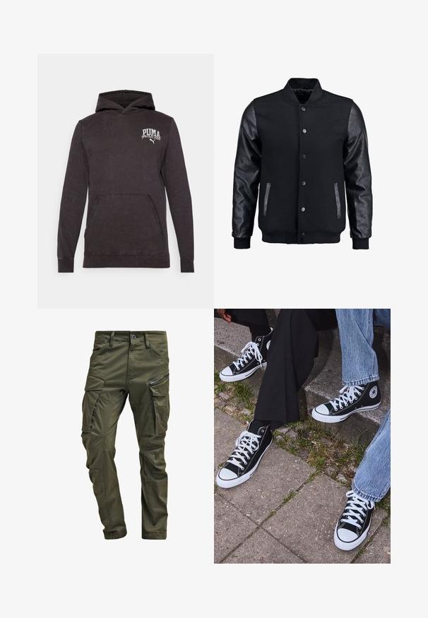 Melns bomber jakas ar vilnas korpusu un ādas piedurknēm. Iespējas ar stāvošu apkakli, priekšējiem pogām un sānu kabatām. Vienkrāsains, bez rakstiem.; Melnas kokvilnas kapucīte ar priekšējo kangaroo kabatu, ribotām piedurknēm un logo, kas attēlo "PUMA sports club" baltā krāsā uz krūšu daļas.; Olīvu zaļi kravas bikses, izgatavotas no izturīgas kokvilnas. Iespēj multiple kabatas, ar rāvējslēdzēju sānu kabatu un sašaurinātiem kāju galiem ar nedaudz teksturētu apdari.; Melni augstie kanvas sporta apavi ar baltām gumijas zolemi un šņorēm, ar apļa logotipu sānos, kombinēti ar džinsu un melnām biksēm.