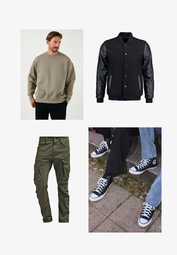 Čierna bomber bunda s vlneným telom a koženými rukávmi. Má stojačikový golier, predné patentky a bočné vrecká. Jednofarebná bez vzorov.; Olivovo zelená mikina vyrobená z texturovanej tkaniny, s klasickým výstrihom, spadnutými ramenami a malou logovou nášivkou na leme.; Olivové cargo nohavice vyrobené z pevnej bavlny. Obsahujú viacero vreciek, zipsovou bočnou vrecko a zúžené nohavice so slabou textúrou.; Čierne vysoké plátenné tenisky s bielymi gumovými podrážkami a šnúrkami, s okrúhlym logom na boku, skombinované s džínsami a čiernymi nohavicami.