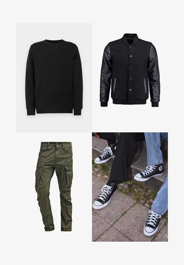 Čierna bomber bunda s vlneným telom a koženými rukávmi. Má stojačikový golier, predné patentky a bočné vrecká. Jednofarebná bez vzorov.; Čierna mikina s okrúhlym výstrihom a dlhými rukávmi, s rebrovanými manžetami a lemom, zobrazená na jednoduchom bielom pozadí.; Olivové cargo nohavice vyrobené z pevnej bavlny. Obsahujú viacero vreciek, zipsovou bočnou vrecko a zúžené nohavice so slabou textúrou.; Čierne vysoké plátenné tenisky s bielymi gumovými podrážkami a šnúrkami, s okrúhlym logom na boku, skombinované s džínsami a čiernymi nohavicami.