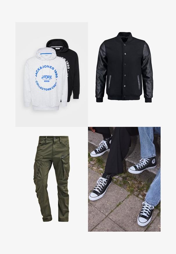 Juodas bomberio tipo švarkas su vilnoniu korpusu ir odinėmis rankovėmis. Savybės: stovintis apykaklė, priekiniai spaudiniai mygtukai ir šoniniai kišenės. Vienodos spalvos, be raštų.; Duos džemperiai: vienas pilkas su mėlyna grafika ir dideliu apskritimo dizainu, o kitas vientisas juodas, abu su įvarstiniais gaubtais ir raukšlėtomis rankovėmis.; Olive spalvos cargo kelnės, pagamintos iš tvirto medvilnės. Yra keletas kišenių, šonu užtraukiama kišenė ir siaurėjančios kojos su šiek tiek tekstūruotu paviršiumi.; Juoda aukšta avalynė iš kanvos su baltais guminiais padais ir raišteliais, su apvaliu logotipu šone, derinama su džinsais ir juodomis kelnėmis.