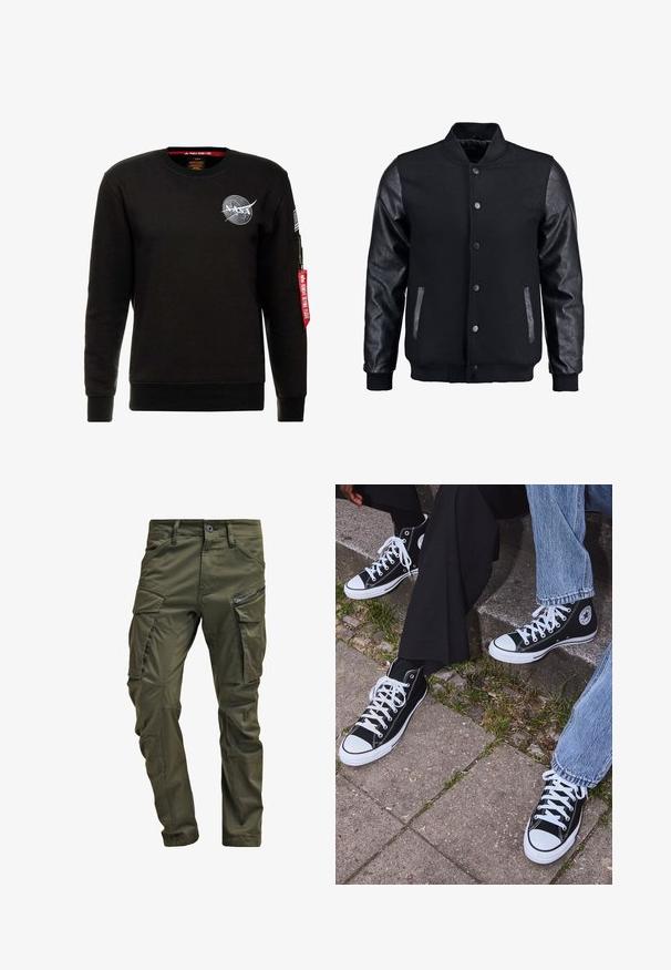 Jachetă bomber neagră cu corp din lână și mâneci din piele. Dispune de un guler în picioare, nasturi pe partea din față și buzunare laterale. Culoare solidă, fără modele.; Alpha Industries NASA - Bluză de molton - schwarz; Pantaloni cargo de culoare verde măsliniu, realizați din bumbac rezistent. Prezintă mai multe buzunare, un buzunar lateral cu fermoar și picioare tapered cu un finisaj ușor texturat.; Sneakers negre din pânză până la glezne cu tălpi și șireturi albe, având un logo circular pe lateral și purtate cu blugi și pantaloni negri.