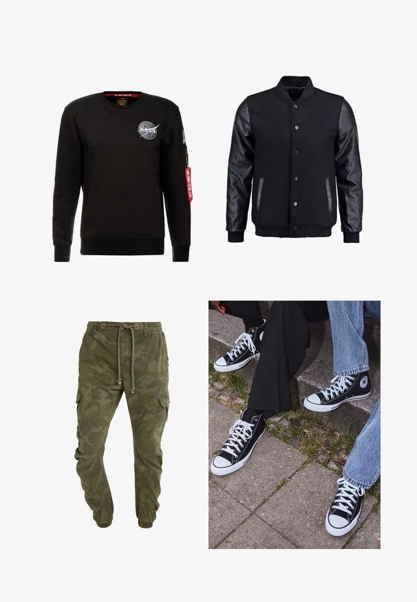 Black bomber jacket with wool body and leather sleeves. Features a standing collar, front snap buttons, and side pockets. Solid color with no patterns.; Alpha Industries NASA - Sweatshirt - schwarz; Camo-patterned green cargo pants with a drawstring waist, elastic cuffs, and side pockets. Made from durable fabric.; Black high-top canvas sneakers with white rubber soles and laces, featuring a circular logo on the side and paired with denim and black pants.