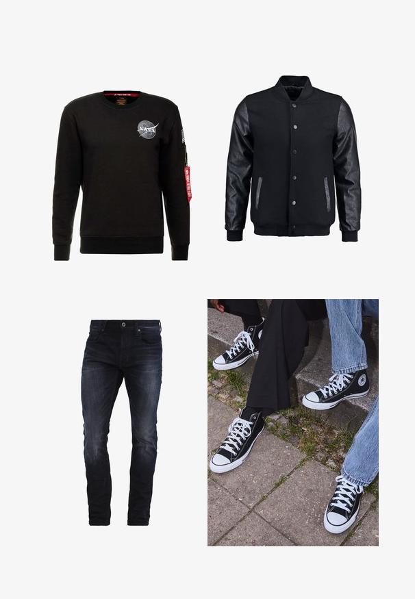 Melns bomber jakas ar vilnas korpusu un ādas piedurknēm. Iespējas ar stāvošu apkakli, priekšējiem pogām un sānu kabatām. Vienkrāsains, bez rakstiem.; Alpha Industries NASA - Ikdienas džemperis - schwarz; Tumši zilie piegulošie džinsi ar nelielu izbalēšanu gurnos un ceļos, ar priekšējām kabatām, jostas cilpām un pogu aizdari.; Melni augstie kanvas sporta apavi ar baltām gumijas zolemi un šņorēm, ar apļa logotipu sānos, kombinēti ar džinsu un melnām biksēm.