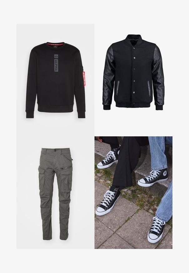 Črna bomberska jakna z volnenim telesom in usnjenimi rokavi. Ima stoječ ovratnik, sprednje snemljive gumbe in stranske žepke. Enobarvna, brez vzorcev.; Črna kapuca s krožnim izrezom, na sredini poudarjen "ALPHA" logo ter žep na rokavu z zadrgo in rdečo oznako. Mehka tkanina.; Olivno zelena bombažna majica s kratkimi rokavi, na prsih pa se nahaja velik črn Levi's logotip v kontrastni polkrožni obliki. Redna prileganost.; Sive cargo hlače izdelane iz trpežnega materiala, z več žepi, zadrgami, gumbnim zapiranjem ter zasnovo zoženih nog.; Črne visoke platnene teniske z belimi gumijastimi podplati in vezalkami, z ovalnim logotipom na strani, v kombinaciji z džinsom in črnimi hlačami.