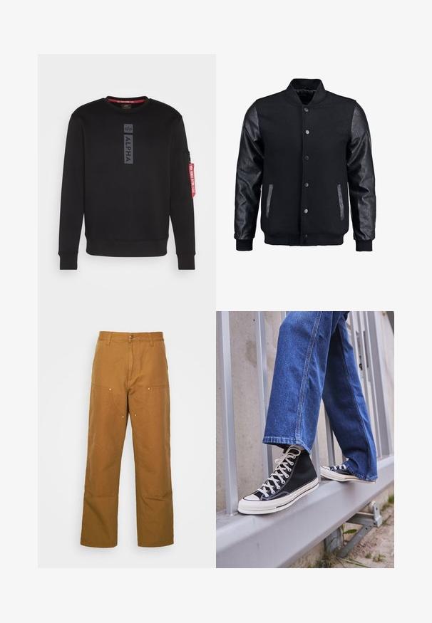 Černá bomber bunda s tělem z vlny a koženými rukávy. Má stojací límec, přední zacvakávací knoflíky a boční kapsy. Jednoduchá barva bez vzorů.; Černá mikina s kulatým výstřihem, na přední straně s výrazným logem "ALPHA" uprostřed a kapsou na zip na rukávu se červeným štítkem. Měkká tkanina.; Hnědé bavlněné pracovní kalhoty s rovnými nohavicemi, které mají přední kapsy a kovové detaily pro zvýšenou odolnost.; Černé vysoké tenisky s bílou podrážkou a tkaničkami, v kombinaci s volnými modrými džíny, odpočívající na šedém zábradlí.