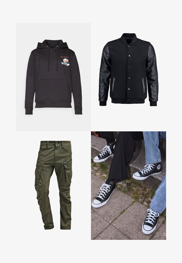 Fekete bomber dzseki gyapjú testtel és bőr ujjal. Jellemzője a felálló gallér, elöl gombos záródás, valamint oldalsó zsebek. Egyszínű, mintázat nélkül.; Fekete kapucnis pulóver, pamutból készült, elülső zsebbel, húzózsinóros kapucnival, valamint hímzett grafika felhőkkel és szöveggel a mellkasán.; Olíva zöld cargo nadrág, erős pamutból készült. Több zsebbel, egy cipzáras oldalzsebbel és enyhén texturált felülettel ellátott, a szárai felé szűkülnek.; Fekete magas szárú vászon sportcipők fehér gumi talppal és fűzőkkel, az oldalukon kör alakú logóval, farmernadrággal és fekete nadrággal párosítva.