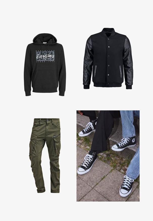 Melns bomber jakas ar vilnas korpusu un ādas piedurknēm. Iespējas ar stāvošu apkakli, priekšējiem pogām un sānu kabatām. Vienkrāsains, bez rakstiem.; Melnas kapuces džemperis no kokvilnas maisījuma, ar priekšējo kabatu, ribinātām piedurknēm un grafisko apdruku ar tekstu "Jack & Jones Essentials".; Olīvu zaļi kravas bikses, izgatavotas no izturīgas kokvilnas. Iespēj multiple kabatas, ar rāvējslēdzēju sānu kabatu un sašaurinātiem kāju galiem ar nedaudz teksturētu apdari.; Melni augstie kanvas sporta apavi ar baltām gumijas zolemi un šņorēm, ar apļa logotipu sānos, kombinēti ar džinsu un melnām biksēm.