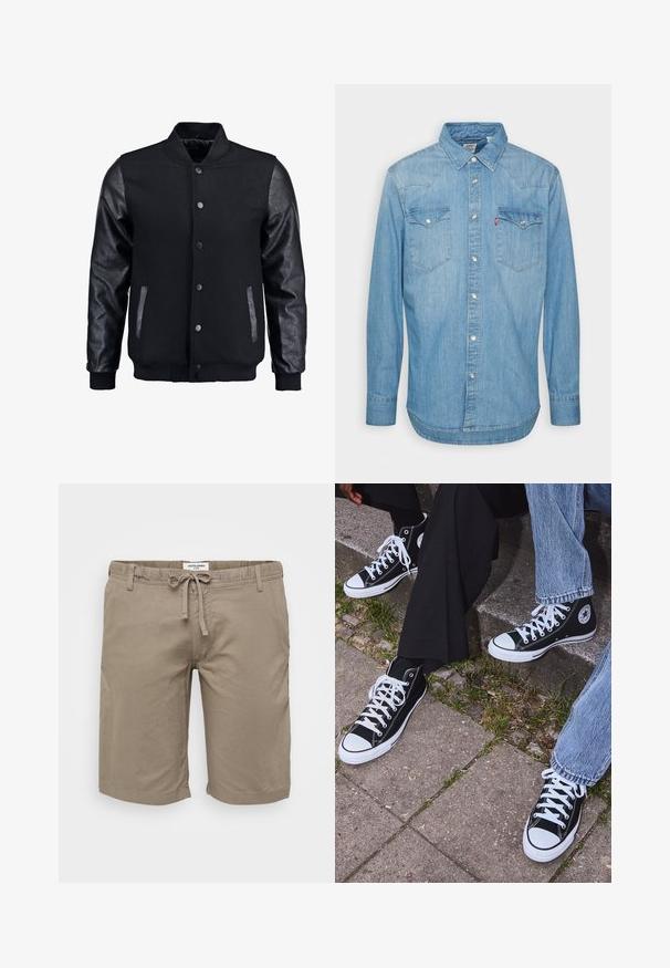 Fekete bomber dzseki gyapjú testtel és bőr ujjal. Jellemzője a felálló gallér, elöl gombos záródás, valamint oldalsó zsebek. Egyszínű, mintázat nélkül.; Világoskék farmering hosszú ujjal, hegyes gallérral és két mellzsebbel. Gombos záródással és ívelt aljjal rendelkezik.; Bézs színű pamut rövidnadrág elasztikus derékrésszel és zsinórral, oldalzsebekkel és egyenes szabással. Simaságával és minimalista dizájnjával kiemelkedik.; Fekete magas szárú vászon sportcipők fehér gumi talppal és fűzőkkel, az oldalukon kör alakú logóval, farmernadrággal és fekete nadrággal párosítva.